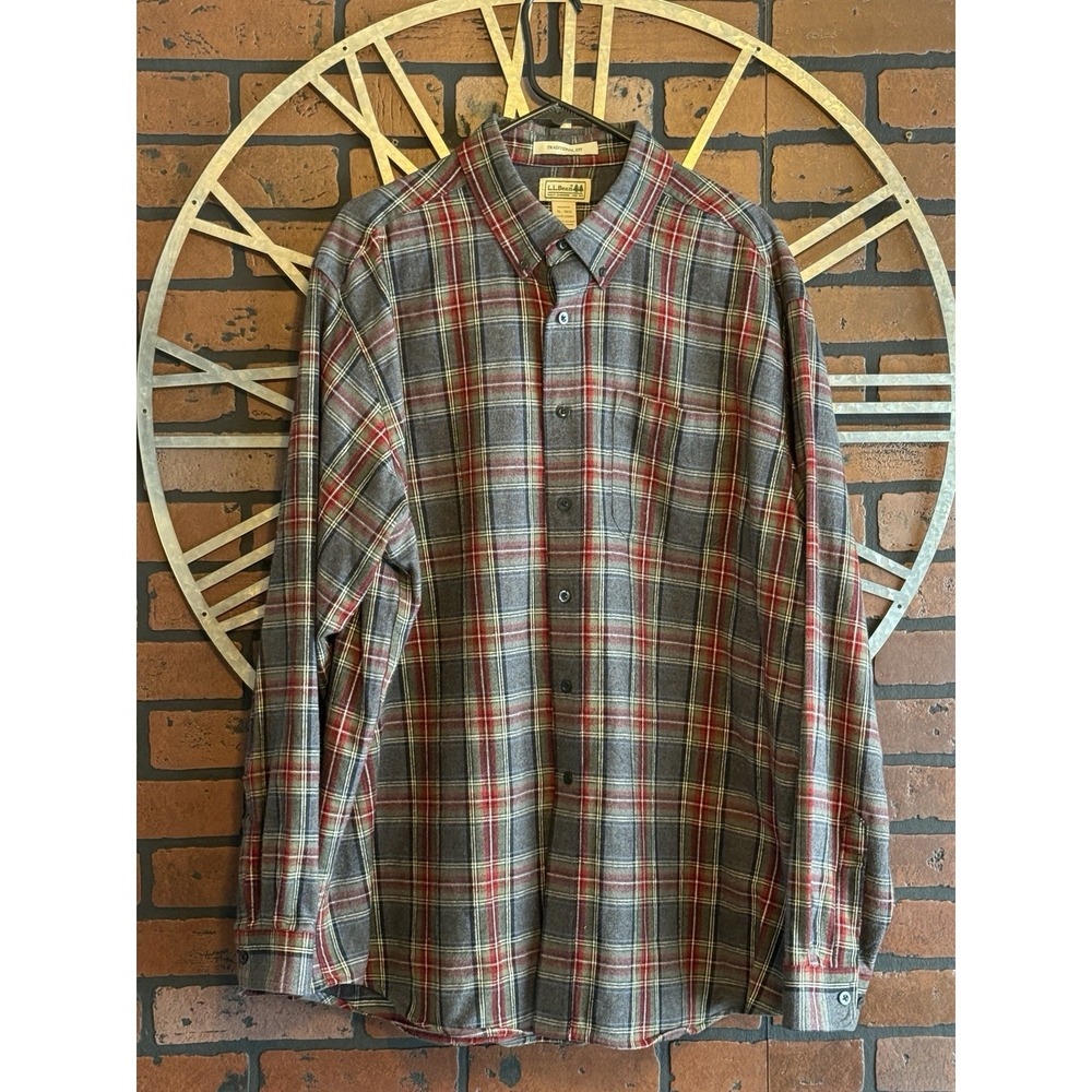 Men's L.L. Bean Plaid Flannel Shirt Traditional Fit Red/Gray/Black Size XL